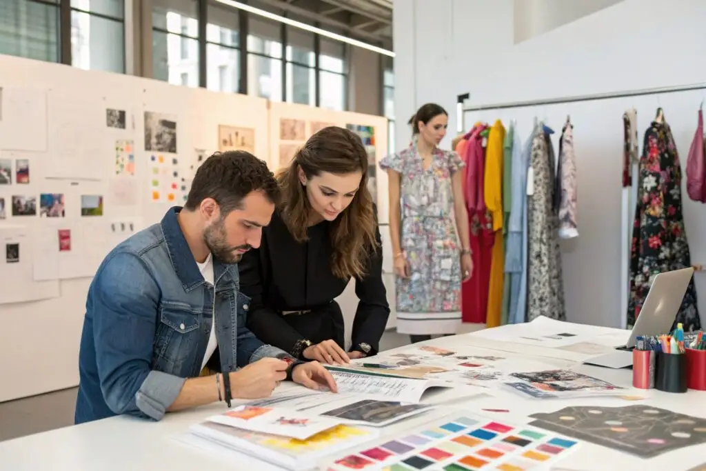 Fashion designers reviewing prints and fabric swatches