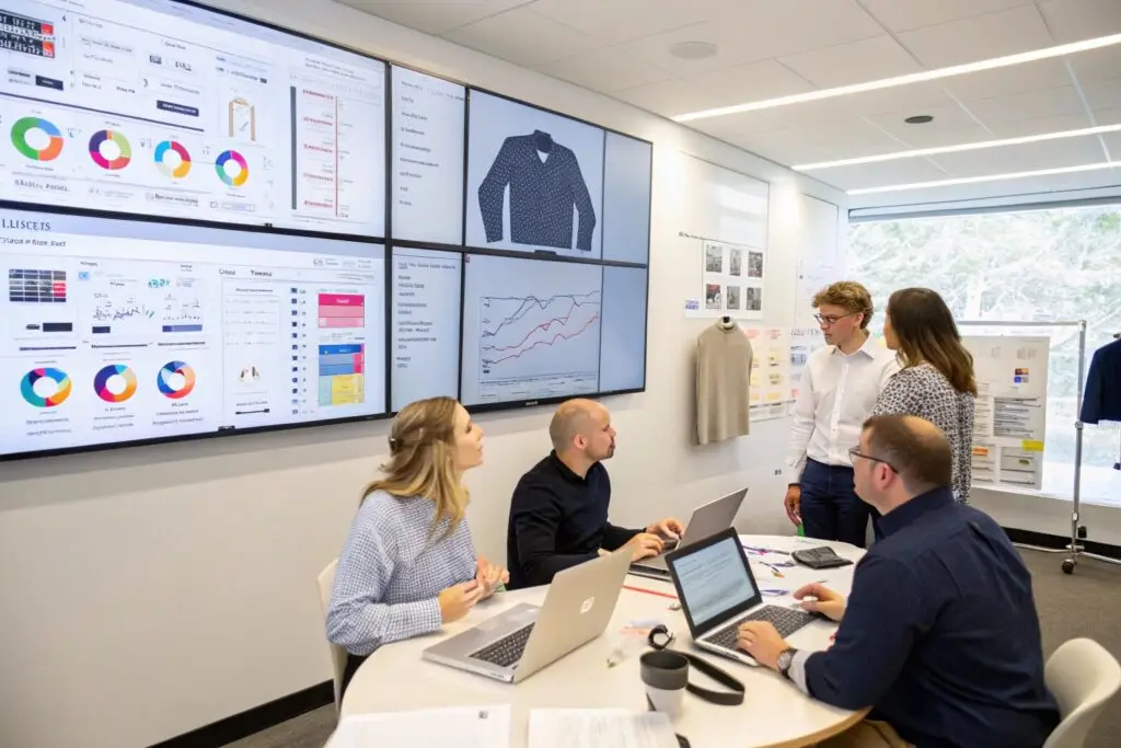 Fashion brand team analyzing customer data and sales performance