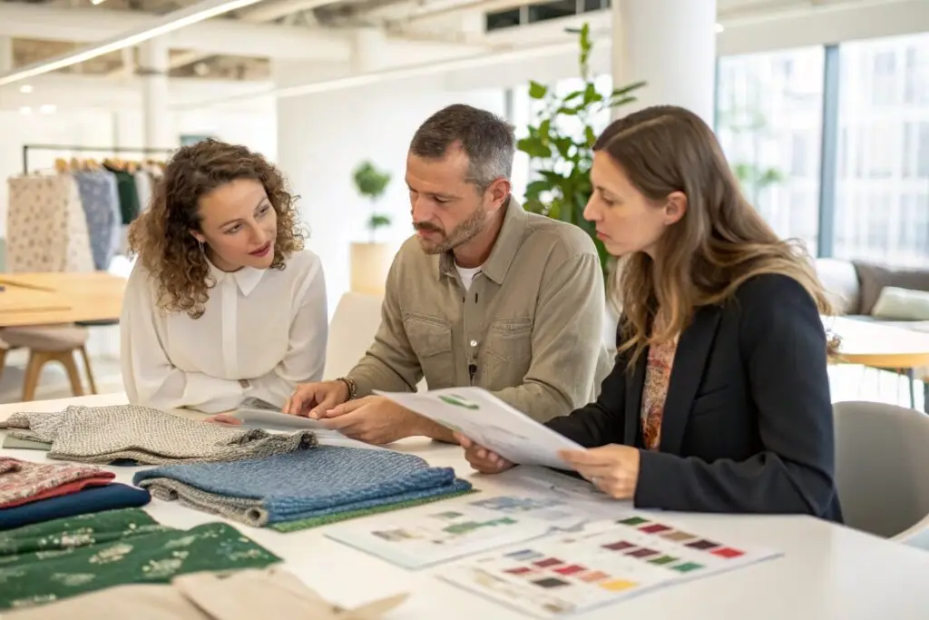 Fashion brand team discussing fabric options and new collection strategies