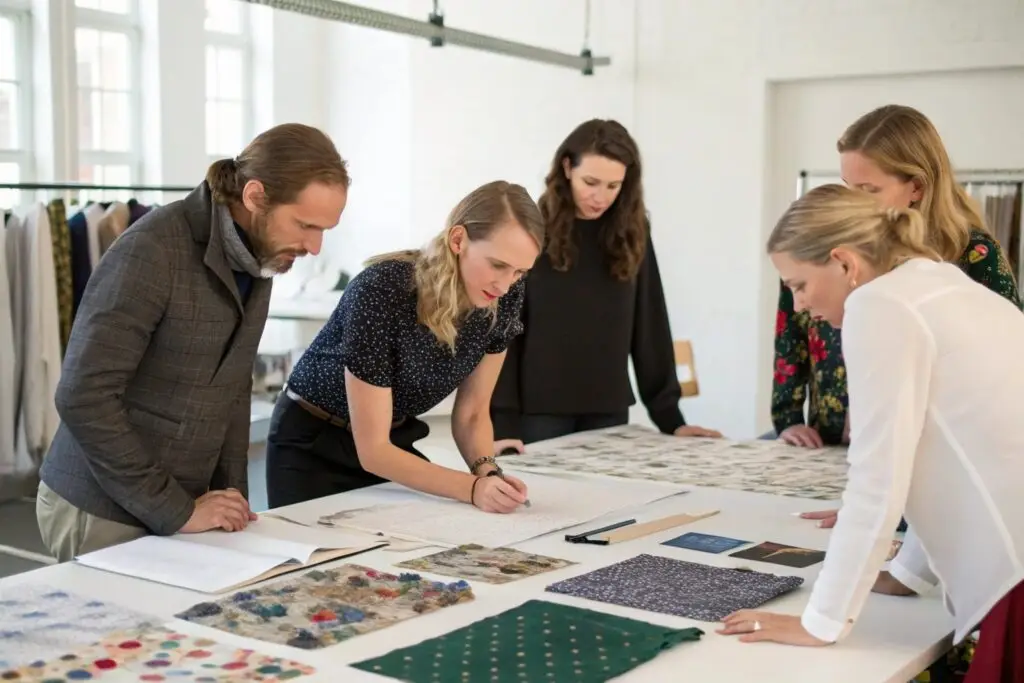 Fashion team discussing fabric samples and ideas