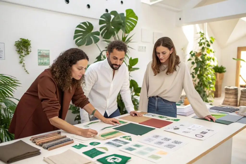 Fashion brand team selecting eco-friendly materials for new line