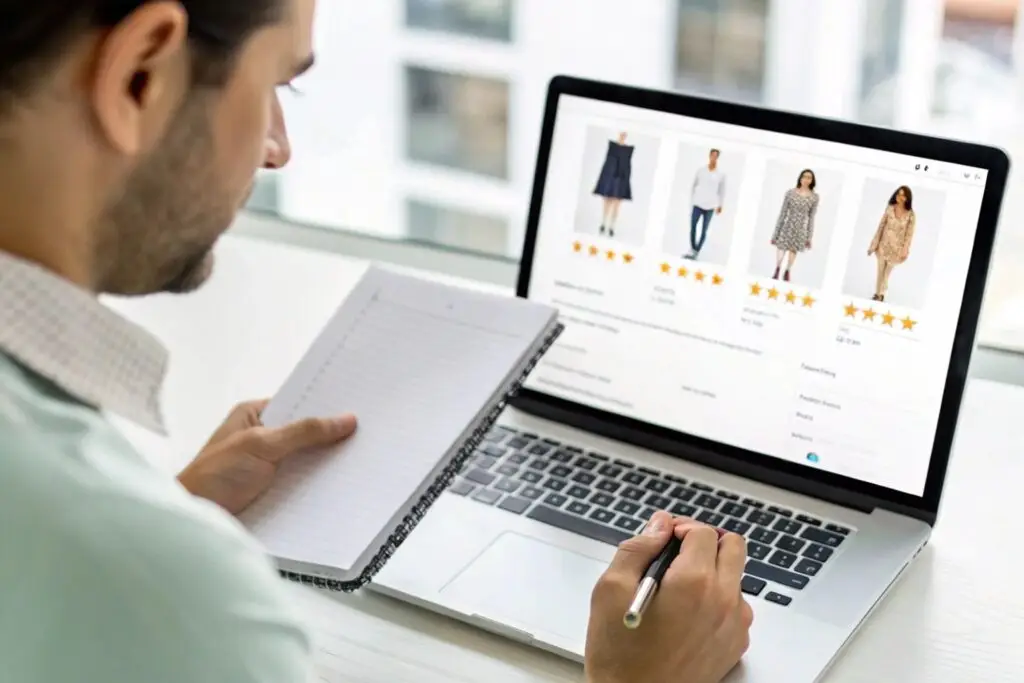 Fashion buyer reviewing product ratings and details