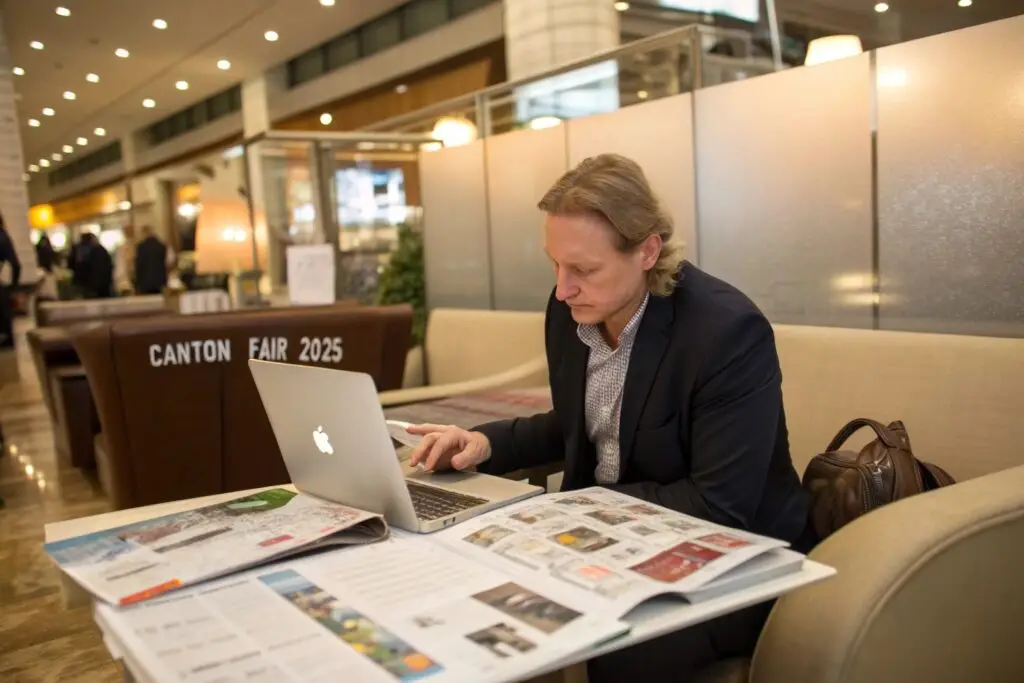 Fashion buyer researching suppliers at Canton Fair lounge