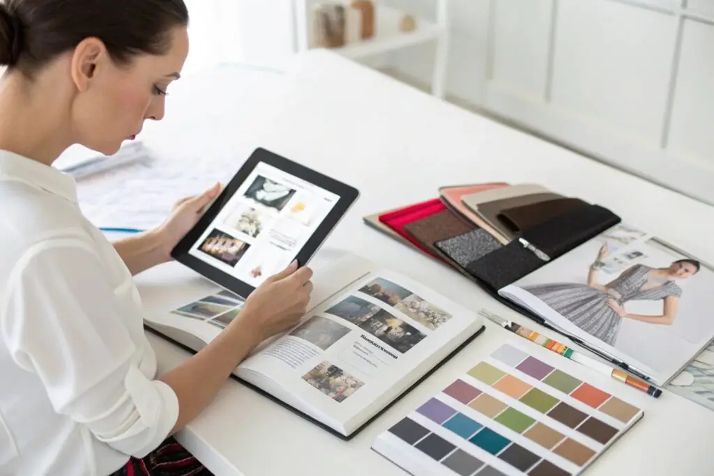 Fashion buyer comparing digital and print supplier catalogs