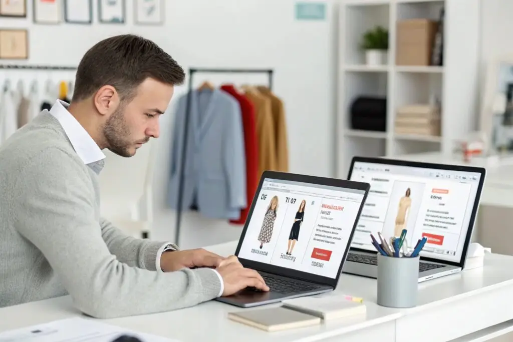 Fashion buyer comparing dress styles on wholesale sites