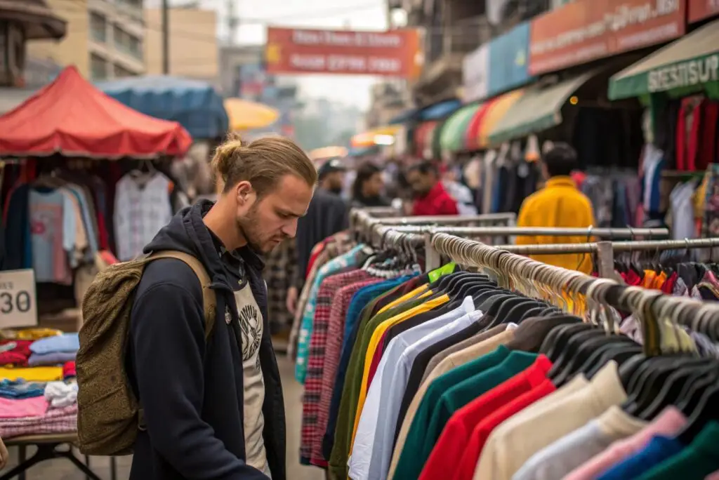 Fashion buyer exploring clothing styles at local wholesale market