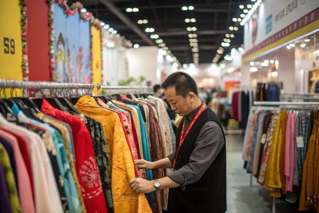 Fashion buyer inspecting colorful garments at large wholesale market