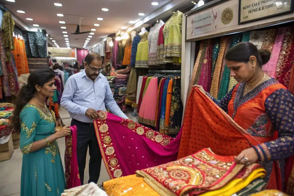 Buyers reviewing embroidered ethnic fabrics in wholesale store