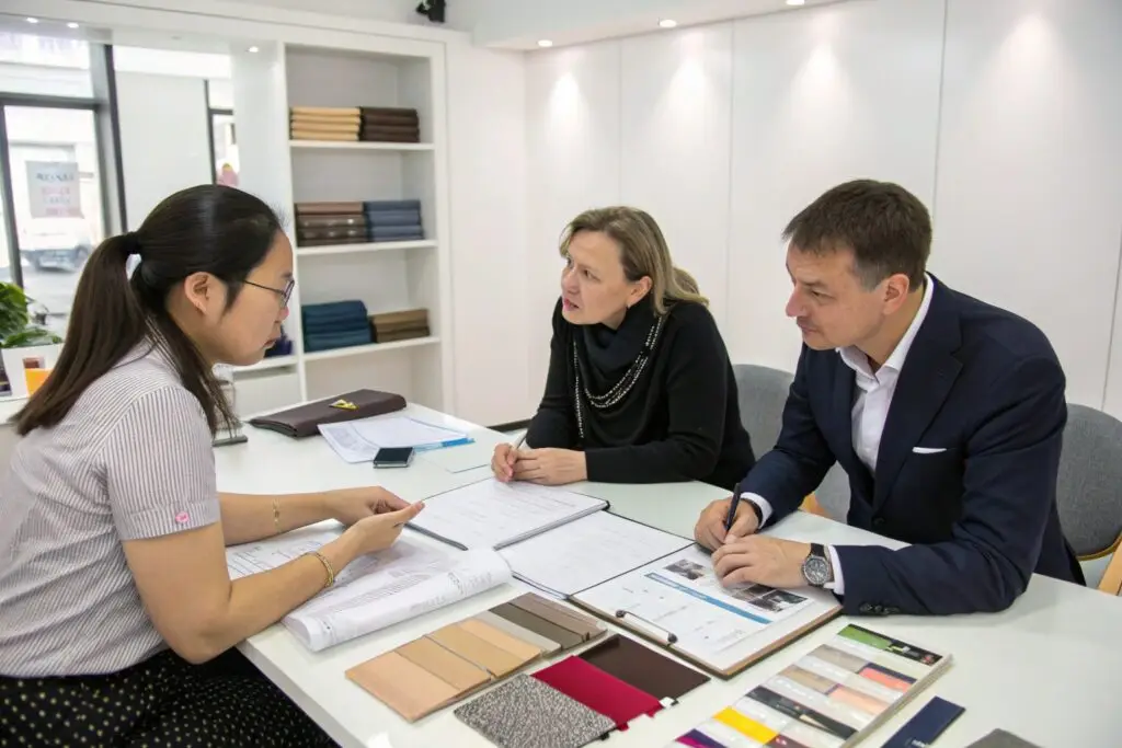 Buyers negotiating garment details during face-to-face meeting