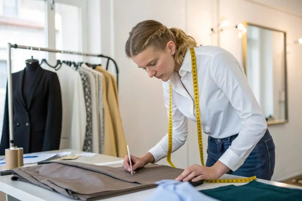 Fashion designer marking fabric for custom tailoring work