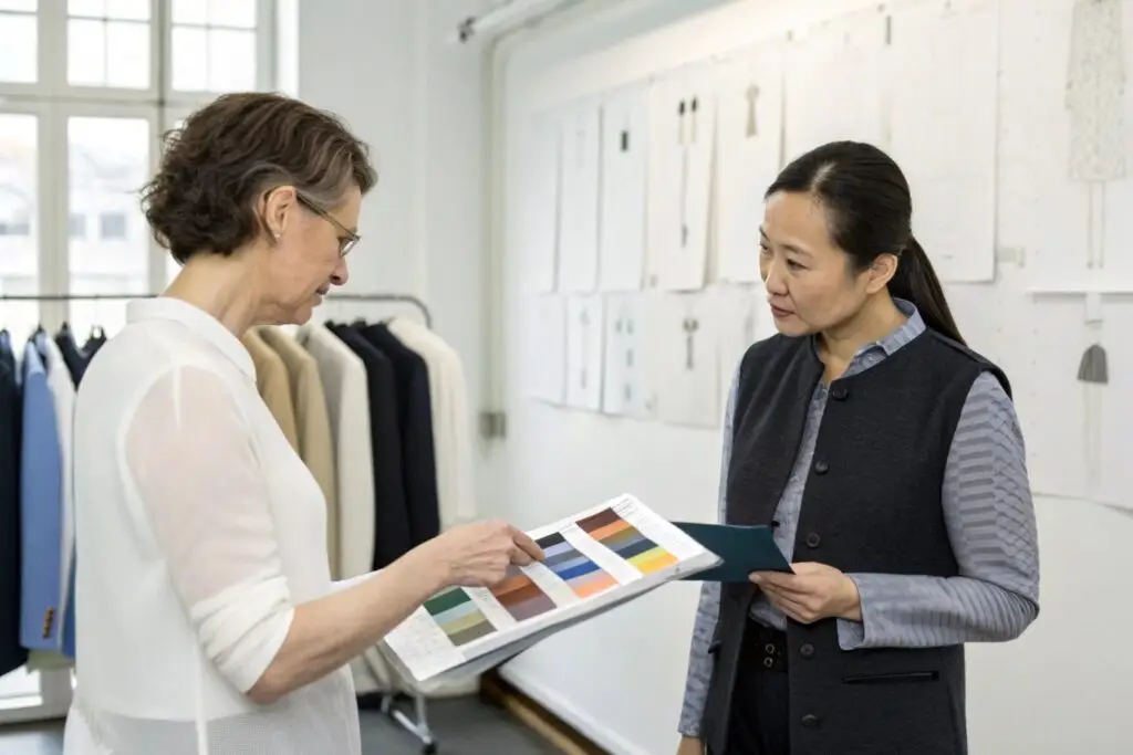 Buyer and supplier discussing fabric color samples