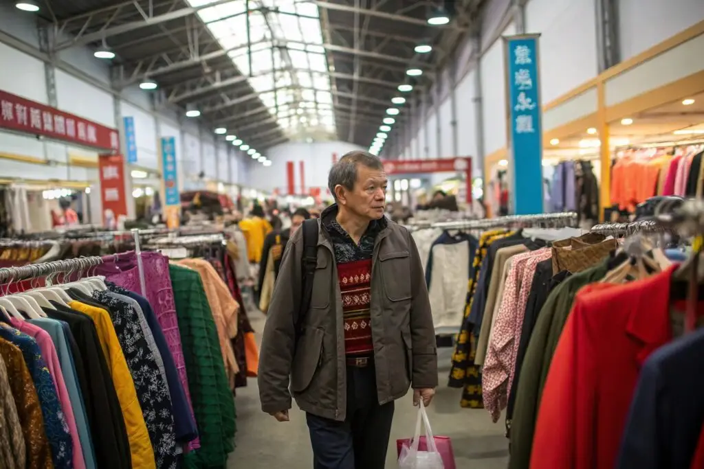 Fashion buyer sourcing apparel styles from busy wholesale market