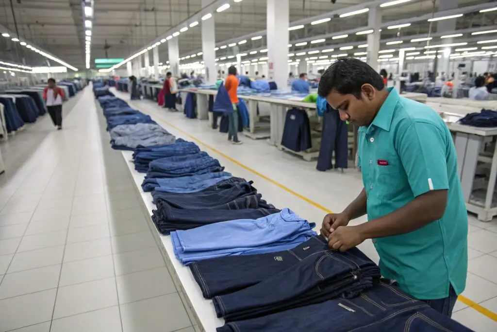 Garment worker inspecting folded denim at large clothing factory
