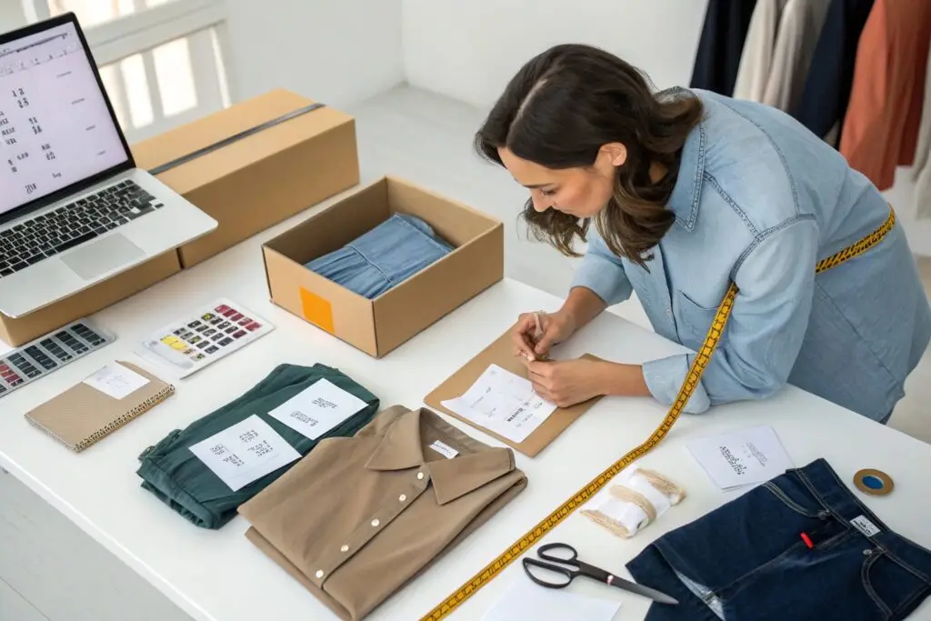 Fashion buyer labeling and organizing garment samples for review