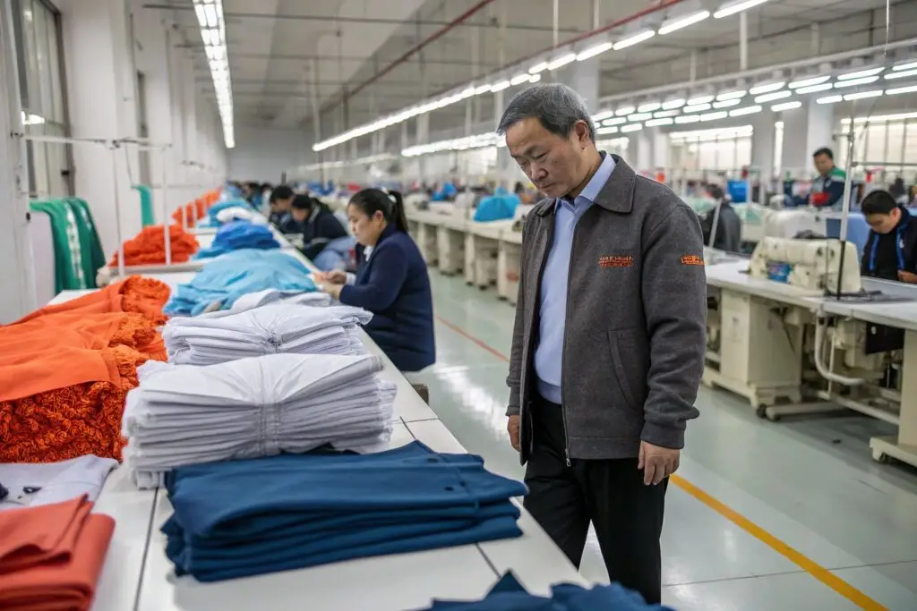 Buyer touring high-capacity garment factory for production trust