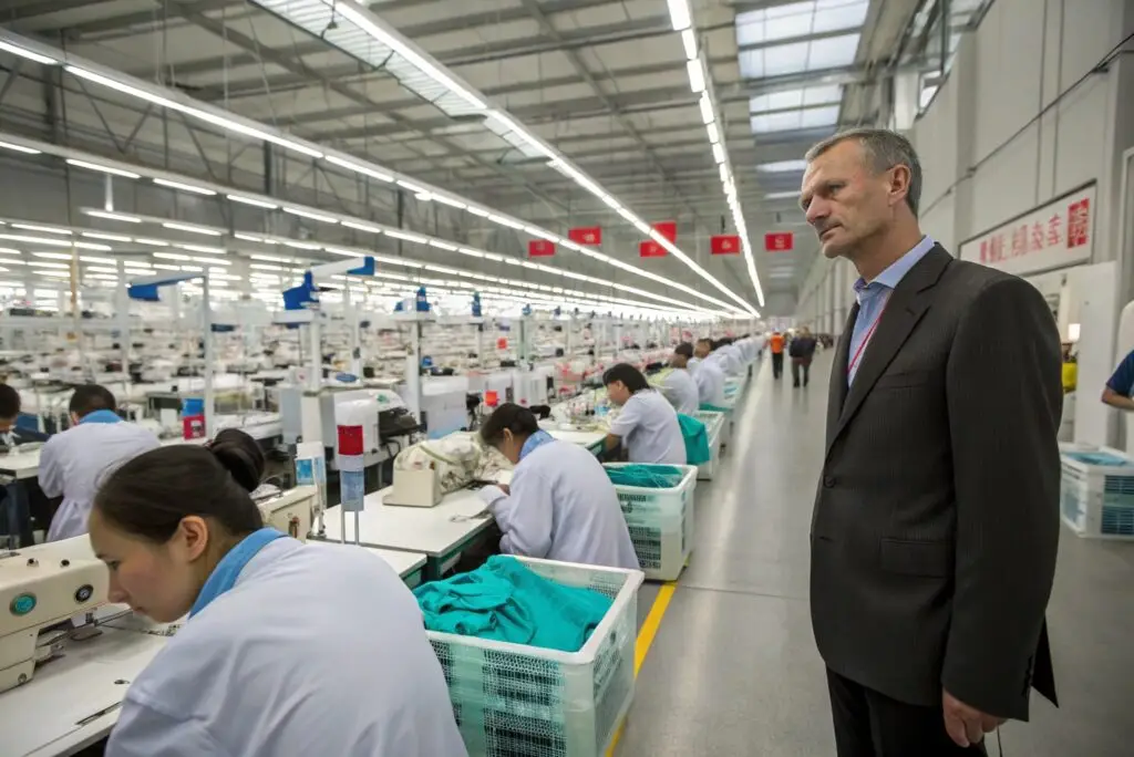 Fashion buyer observing skilled workers in large garment factory