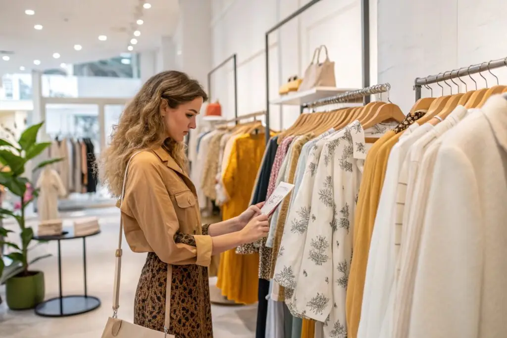Fashion consumer browsing clothing options in stylish boutique store