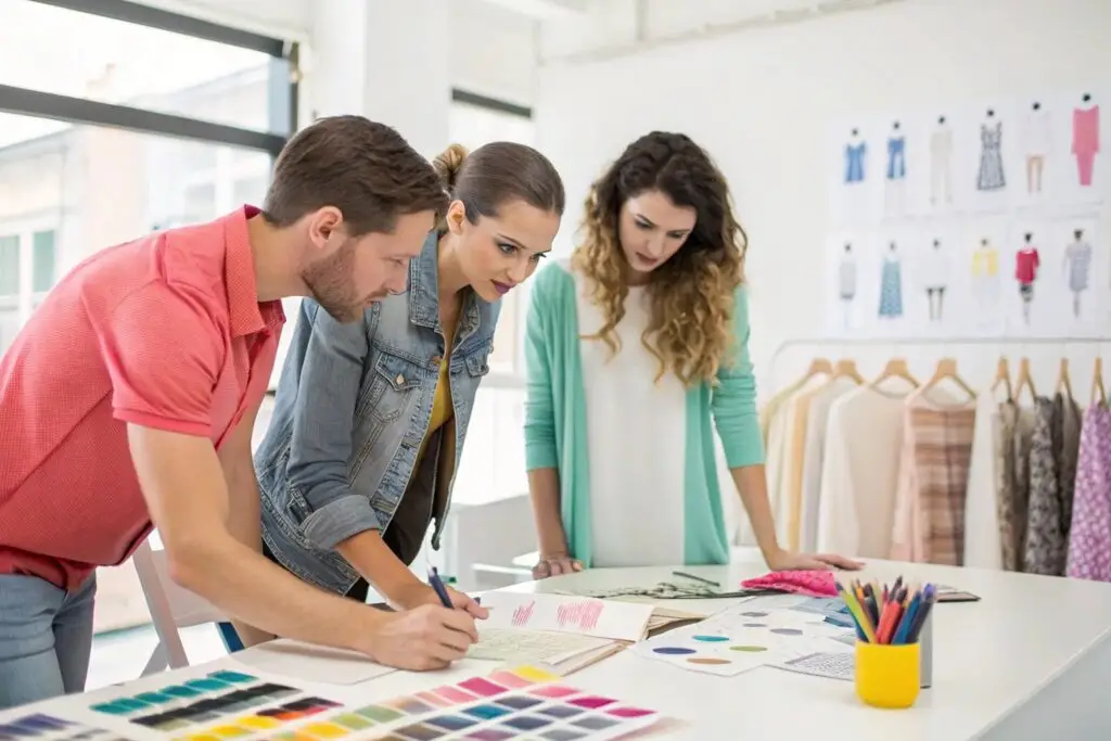Fashion design team brainstorming new apparel styles and color palettes