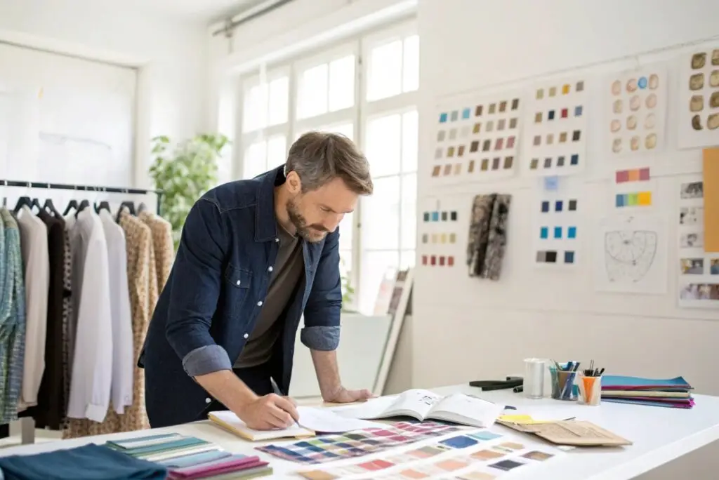 Fashion designer selecting fabric swatches for seasonal clothing line