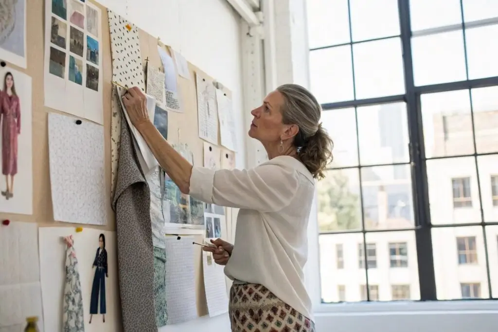 Fashion designer arranging fabric swatches on mood board