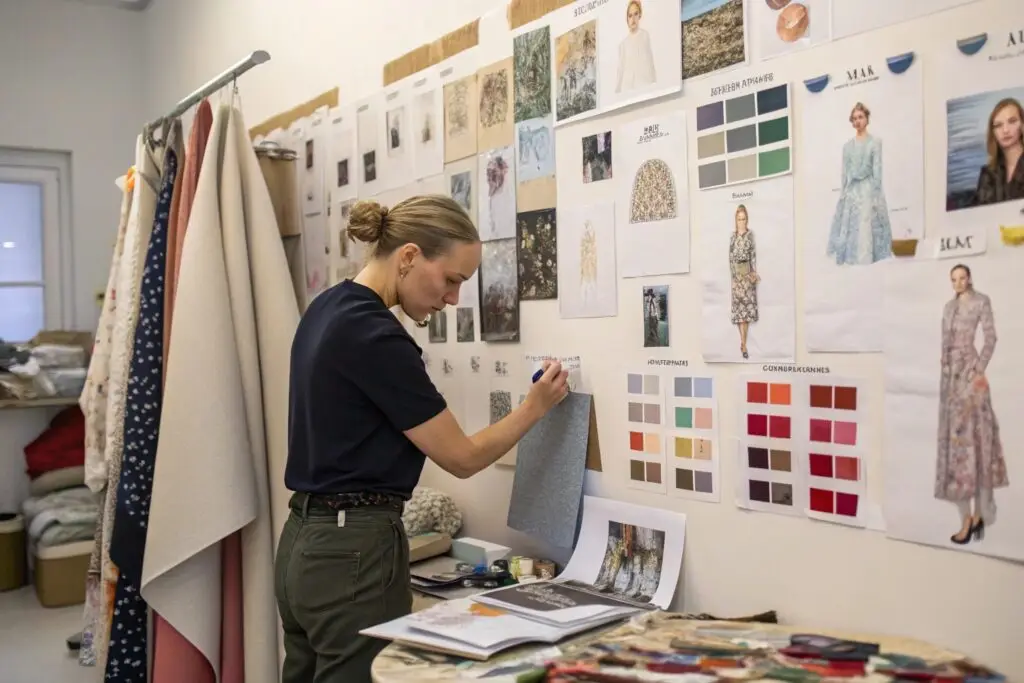 Fashion designer organizing inspiration and color palette on studio wall