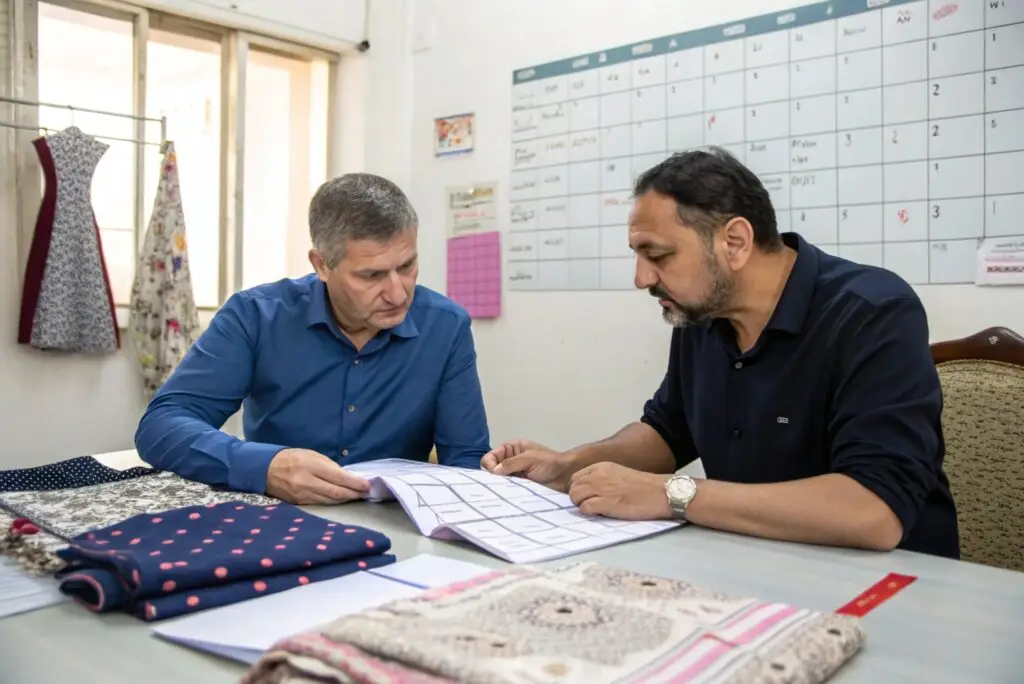 Two fashion buyers reviewing fabric production schedule together