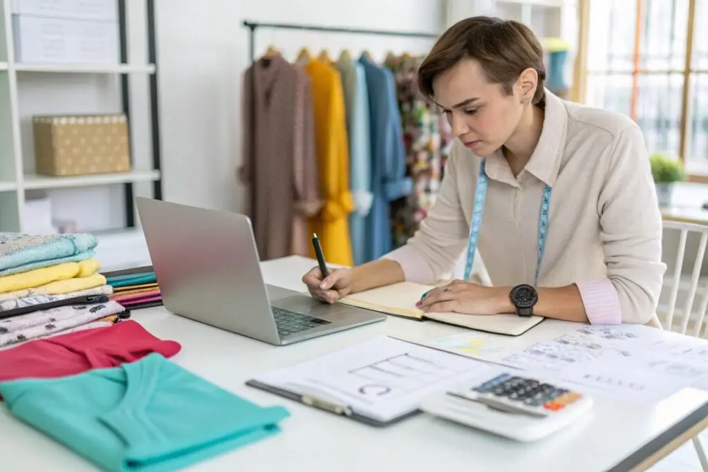 Fashion entrepreneur calculating profit margins for clothing collections