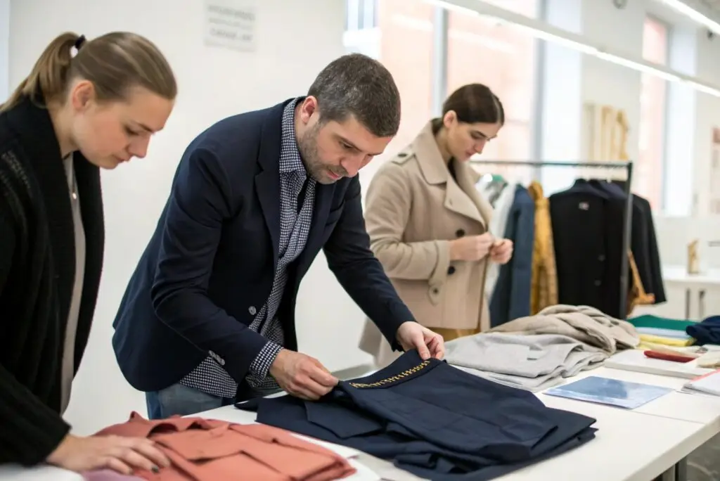 Fashion entrepreneur inspecting garment quality in a sample room