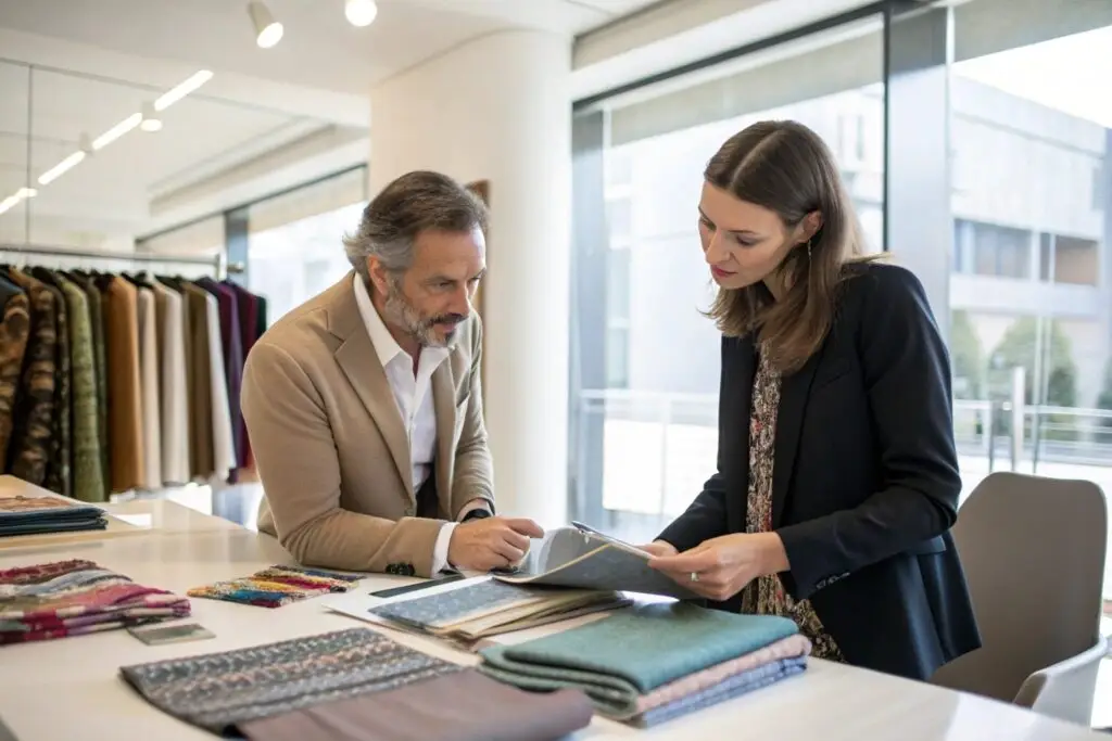 Fashion entrepreneur discussing fabric samples with clothing manufacturer