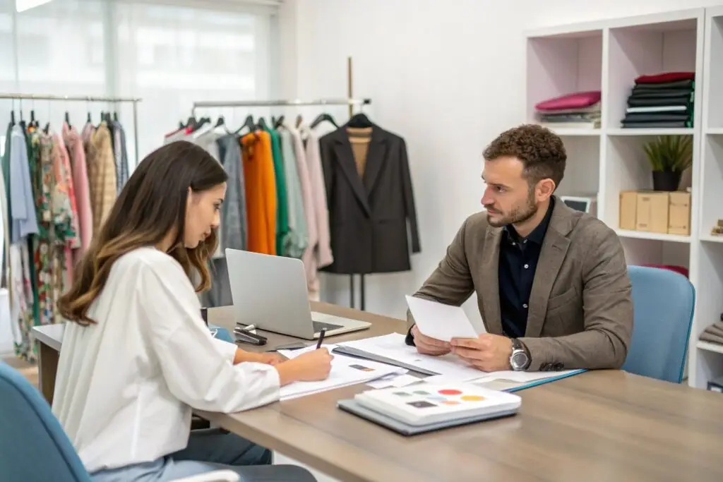 Fashion entrepreneur meeting with local vendor to discuss clothing supply
