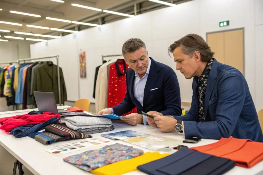 Fashion entrepreneurs reviewing samples to build a trusted partnership