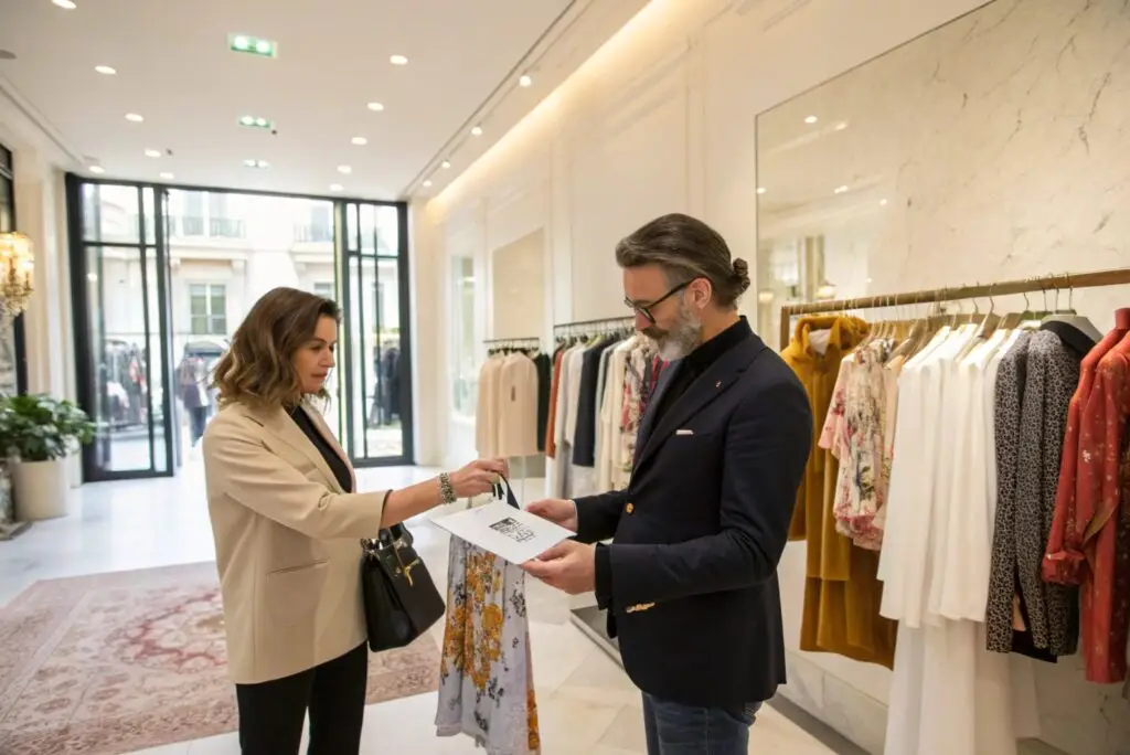Fashion buyer reviewing new seasonal garments in upscale showroom