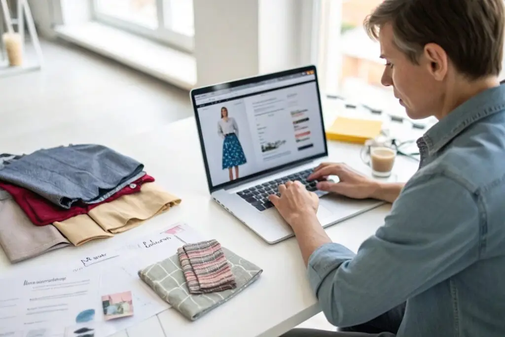 Fashion entrepreneur researching wholesale clothing options online