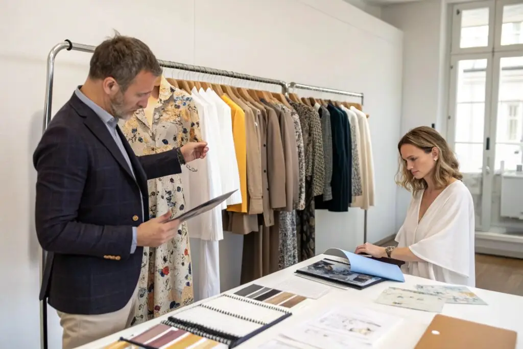 Buyers reviewing garment samples and fabric swatches in showroom