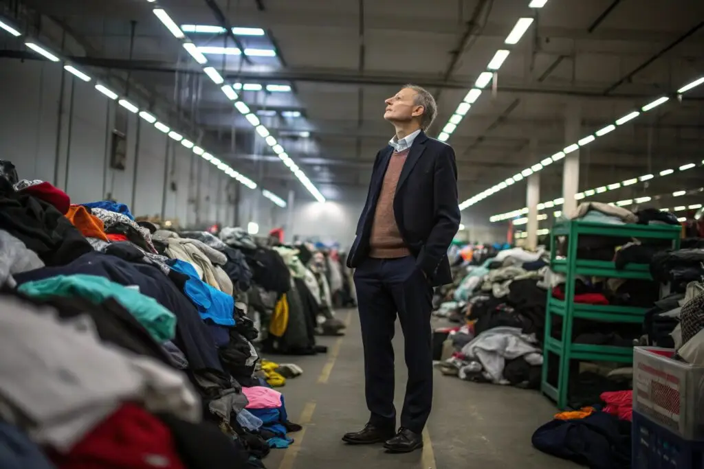 Fashion entrepreneur reviewing clothing stock in large warehouse