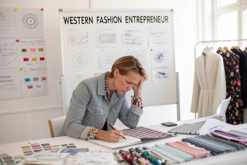 Fashion designer reviewing fabric samples in design studio