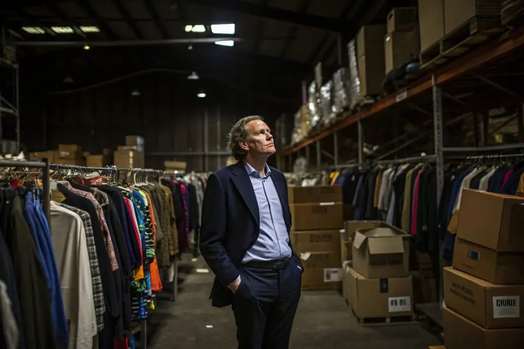 Fashion entrepreneur inspecting clothing inventory in wholesale warehouse