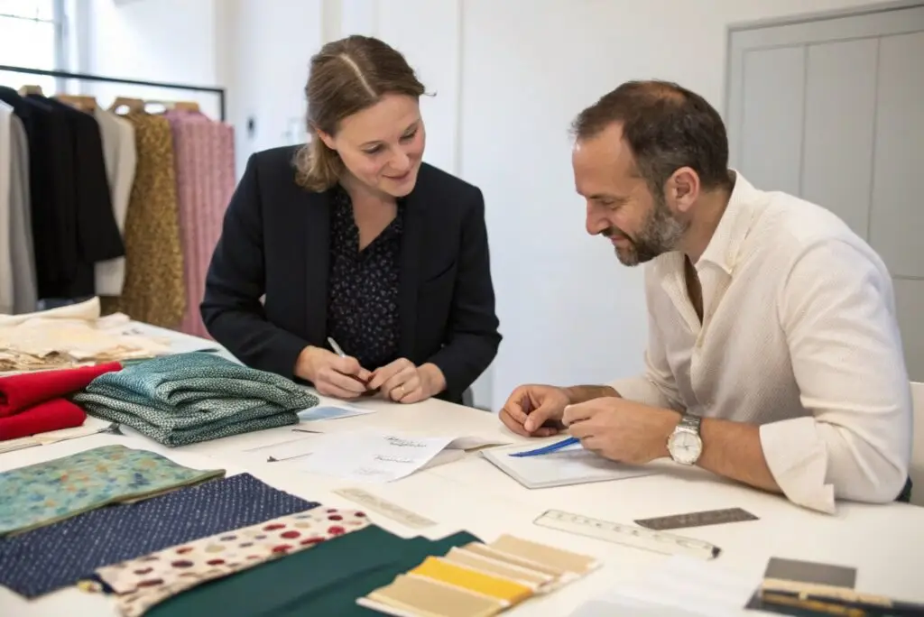 Two fashion buyers discussing textile samples at a garment factory table
