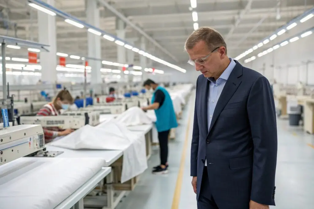 Fashion entrepreneur touring a modern garment manufacturing facility