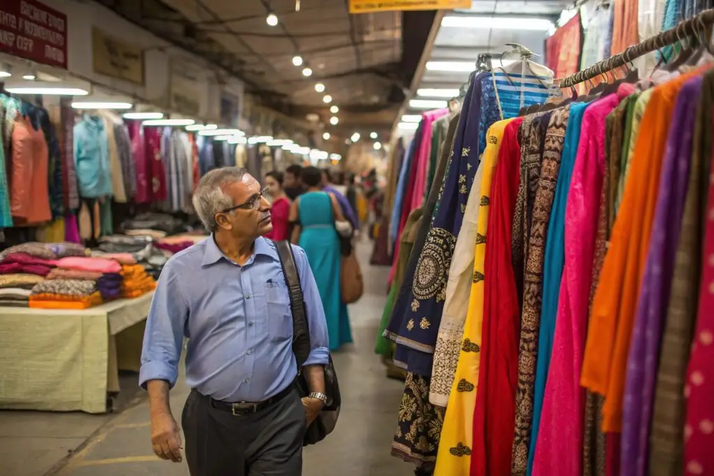 Buyer browsing colorful garments in traditional textile market