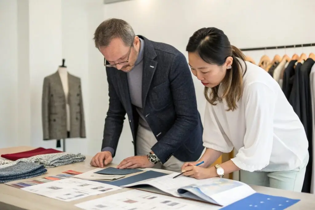 Fashion entrepreneur collaborating with supplier on production planning