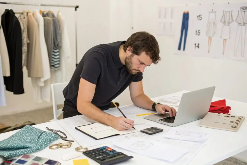 Fashion designer sketching apparel styles beside fabric swatches and samples