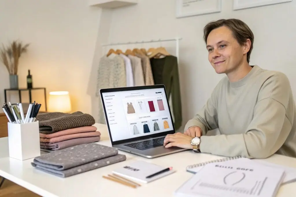 Fashion buyer checking and documenting bulk clothing samples