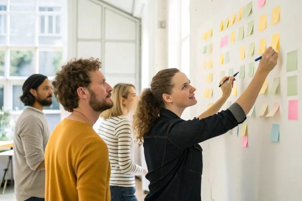 Fashion team brainstorming ideas with sticky notes