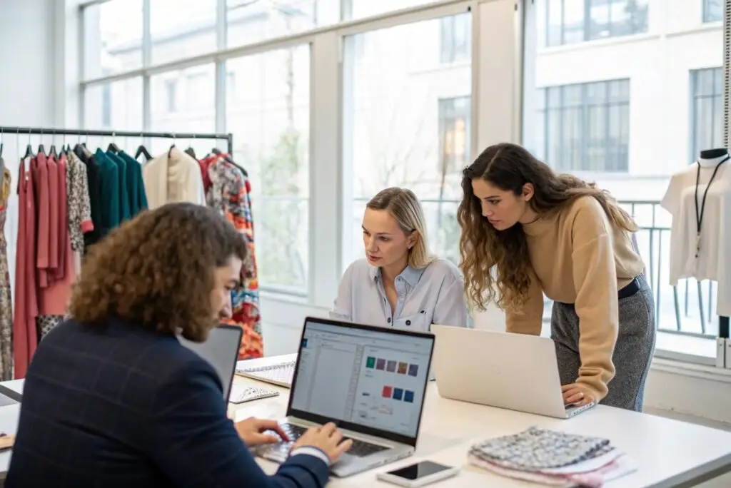 Fashion tech team analyzing customer data and fabric trends online