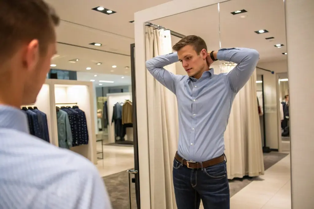 Tall customer checking shirt fit in fitting room
