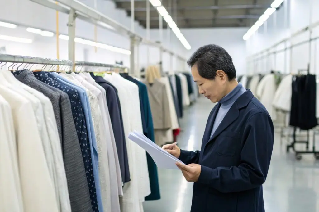 Sourcing manager inspecting garment samples in factory