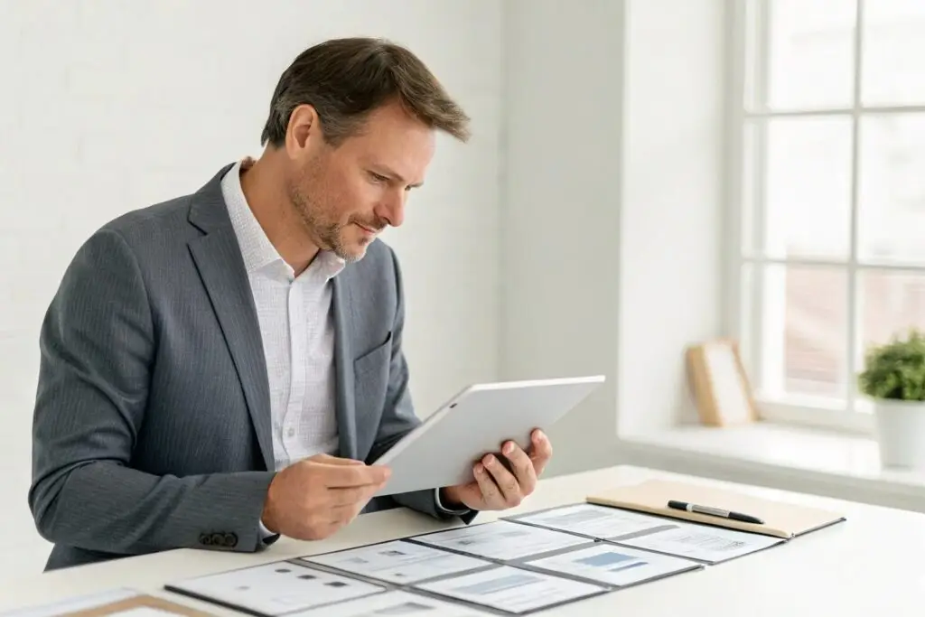 Sourcing manager reviewing product sheets on tablet