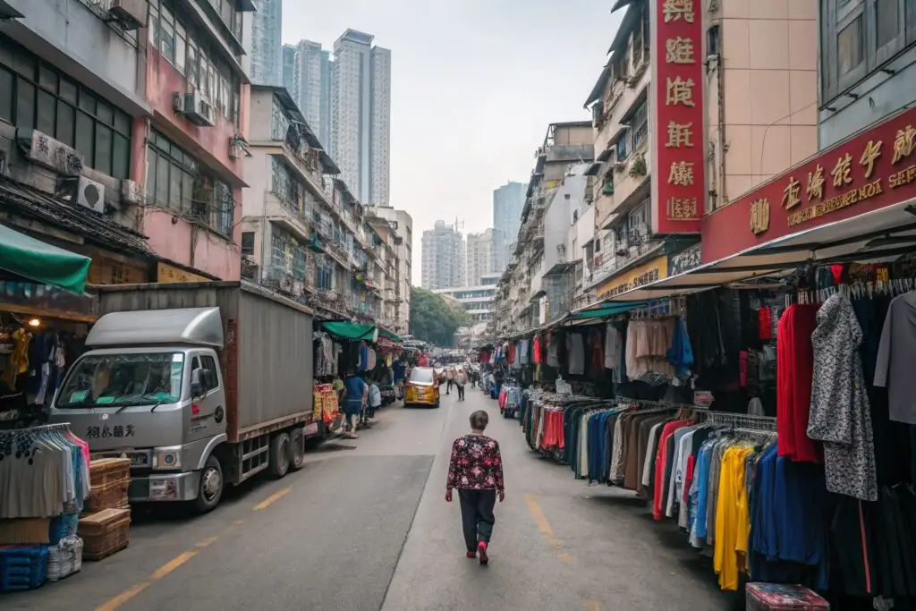 Street view of busy garment wholesale market in Guangzhou
