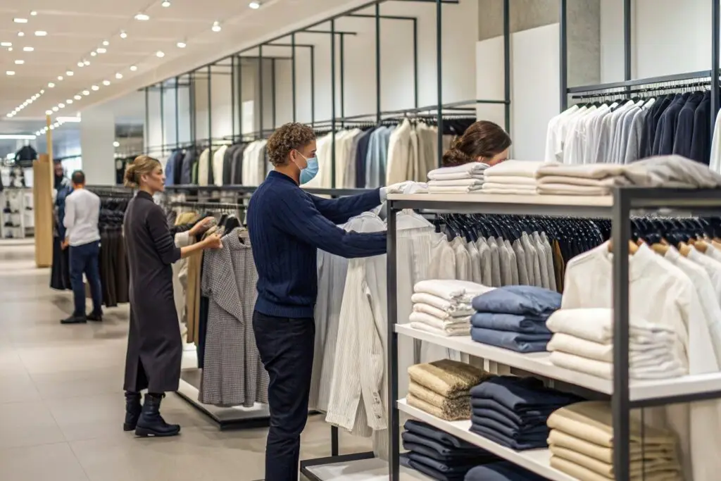 A Zara store on a Monday morning, with employees organizing clothes and customers browsing